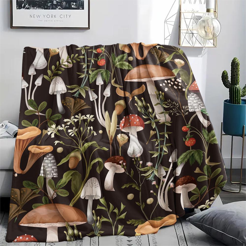 1Pc Dreamy Exotic Mushroom Print Flannel Blanket, High quality Comfortable for All Seasons, Home Decor, Warmth and Comfort, Perfect for Gifts