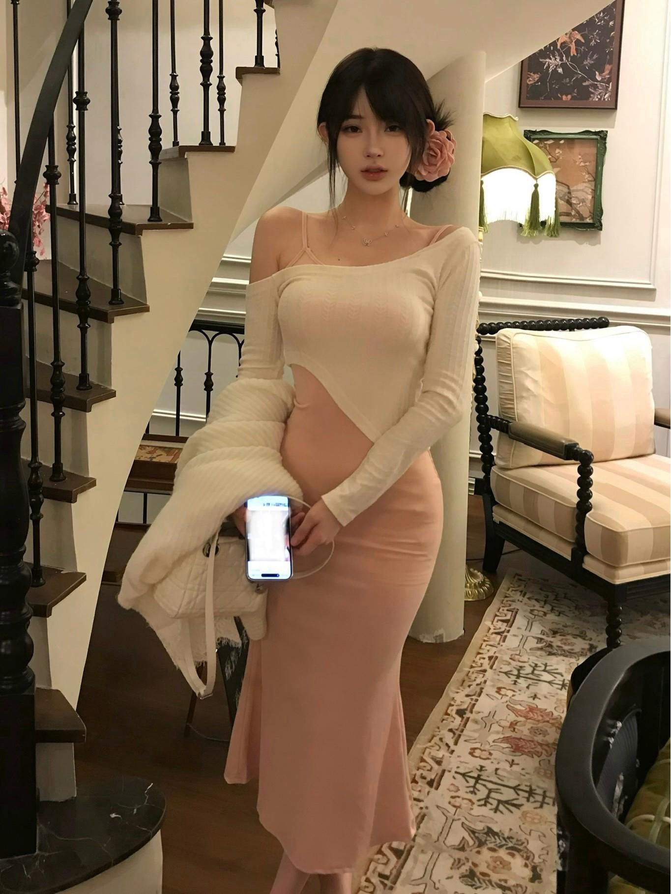 Женский комплект: бежевый пляжный накидка и розовое платье-комбинация с силуэтом  рыбий хвост , весна 2026 Large