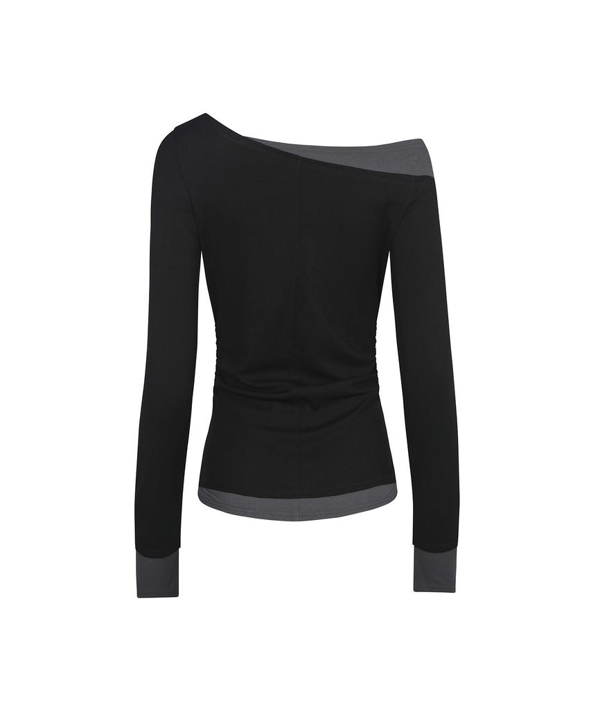 SECONDMONO Slim Fit Layered Off-Shoulder Top [Black]_Sewts039Black