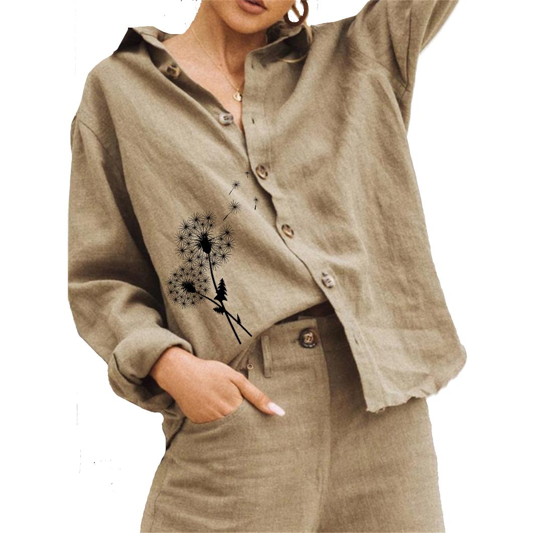 

Женская модная блузка с цветочным принтом, летний и осенний топ из хлопка и льна, женская повседневная рубашка с длинным рукавом на пуговицах 3XL хаки