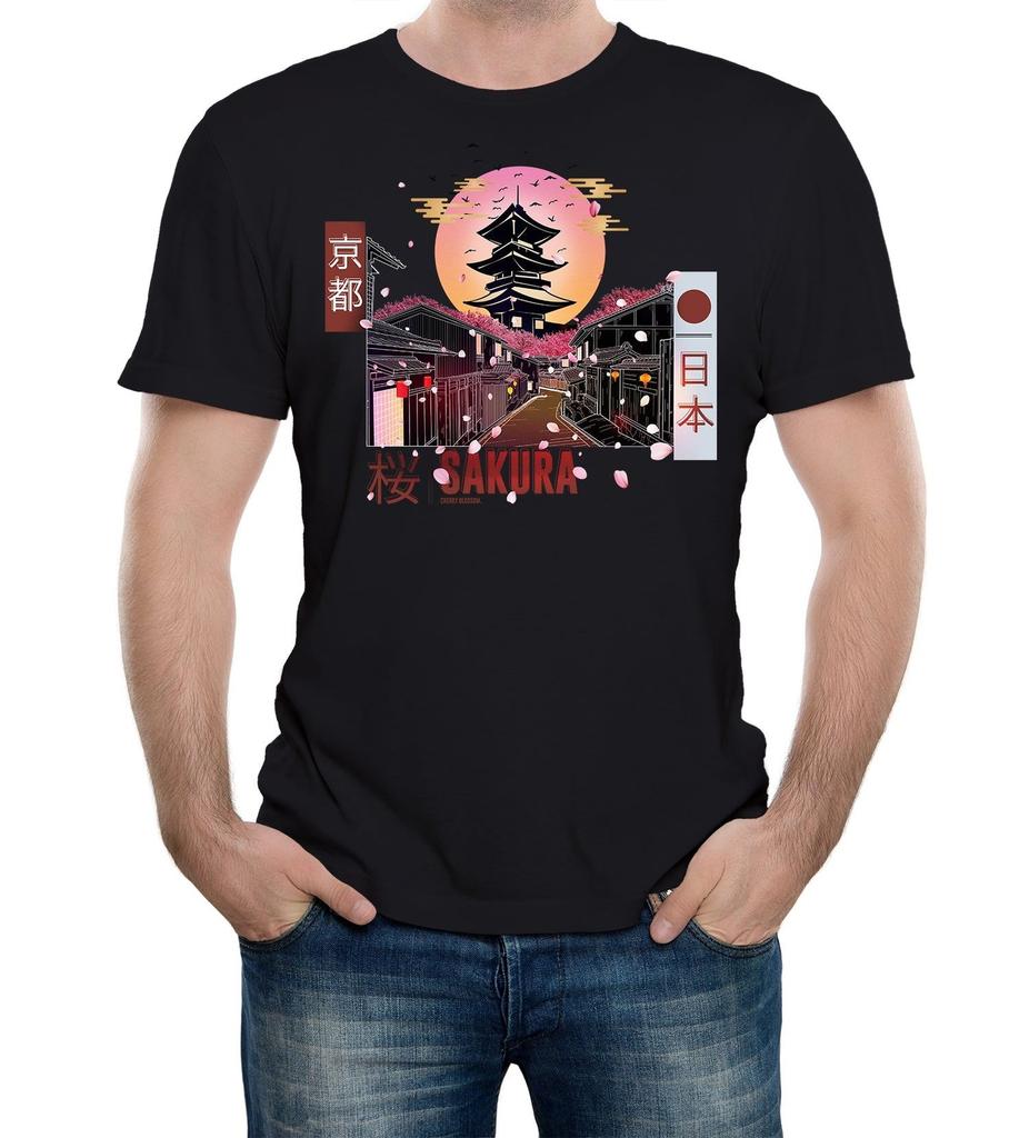 Mens Kyoto Sakura Japanese Blossom T-Shirt Mens Womens Tees Top Anime Tokyo Japan Temple Art