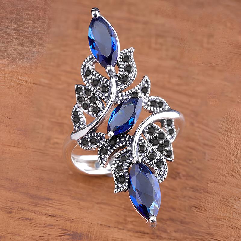 Huitan Leaf Shaped Adjustable Rings for Women Marquise Blue Cubic Zirconia Black CZ Elegant Lady Rings Party Gorgeous Zircon resizable