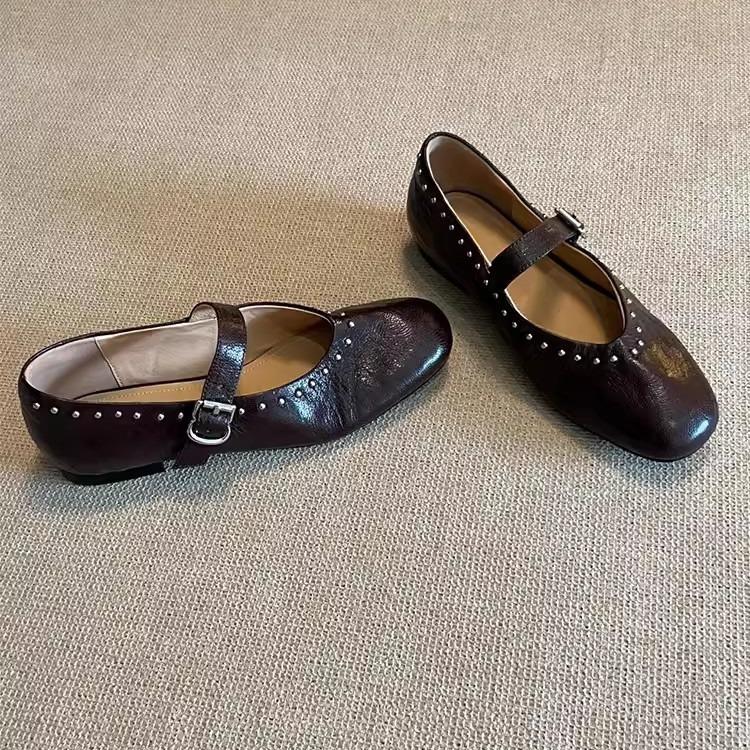 Sheepskin Version~ Retro Leather Round Head Shallow Mouth Mary Jane Shoes Women's Versatile Flat Bottom Rivets One Word with Commuter Shoes
