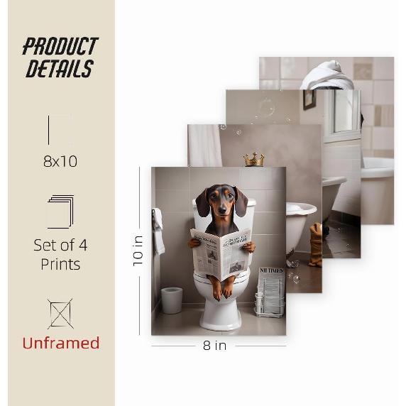 ETVISO Dachshund Bathroom Decor Set of 4, Funny Cute Bathroom Dachshund Dog Wall Art for Home (8x10 Unframed)