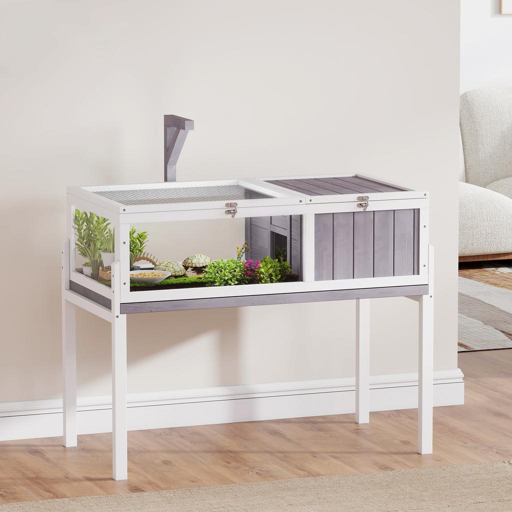 Wooden Tortoise Cage with Dual-Zone Habitat, Clear Panels, Openable Top, Metal Mesh, for Tortoises and Small Pets, Grey