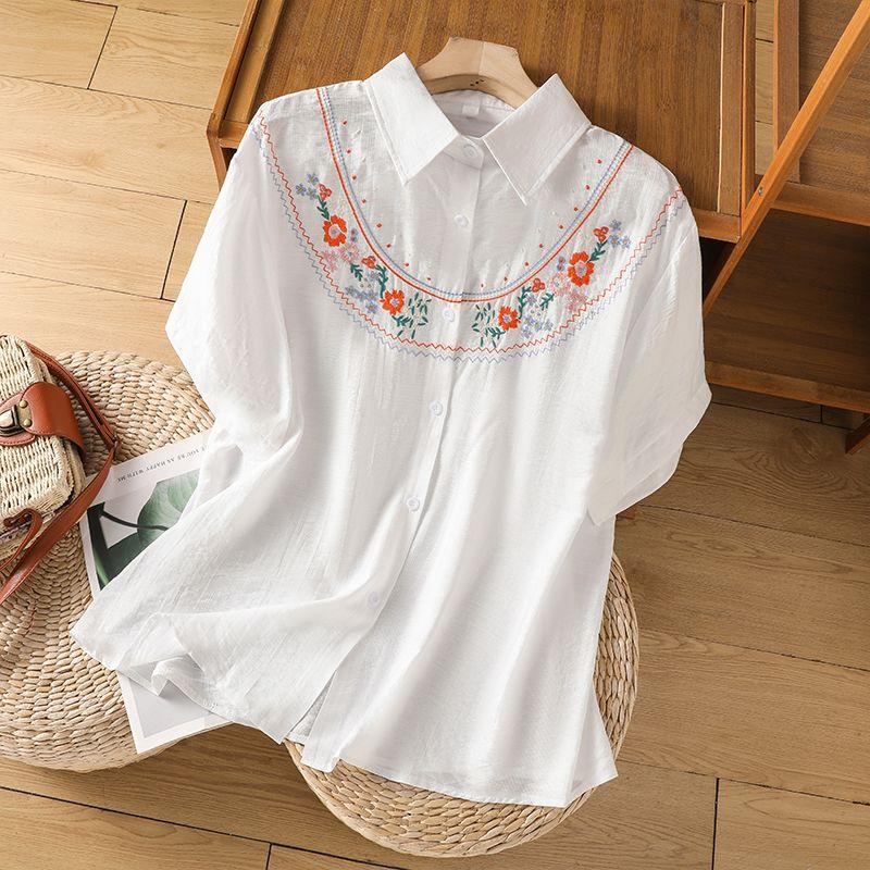 Women's Lime Green Short Sleeve Blouse Floral Embroidery Collar Loose Casual Linen Blend Shirt