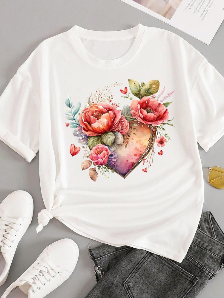 (Asian Size) trend love flower Short Sleeve T-shirts Women's Top T Female Print  Fashion O-neck Casual Clothing  Graphic Tee