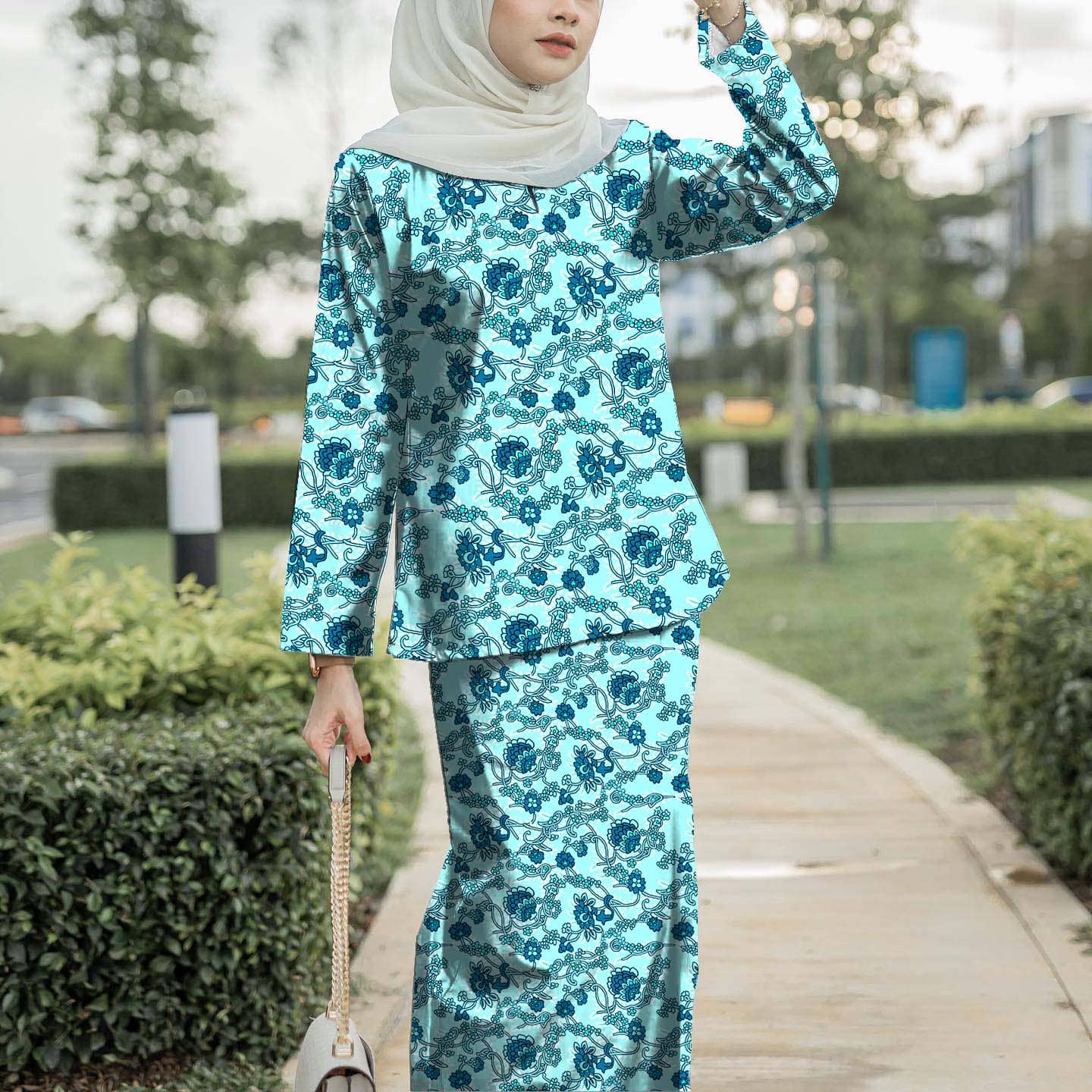 

Новый дизайн с напечатанным узором Stand Pahang Дамский элегантный костюм, милая и удобная дышащая шифоновая ткань, популярный ретро муслин дышащий и 4XL серый