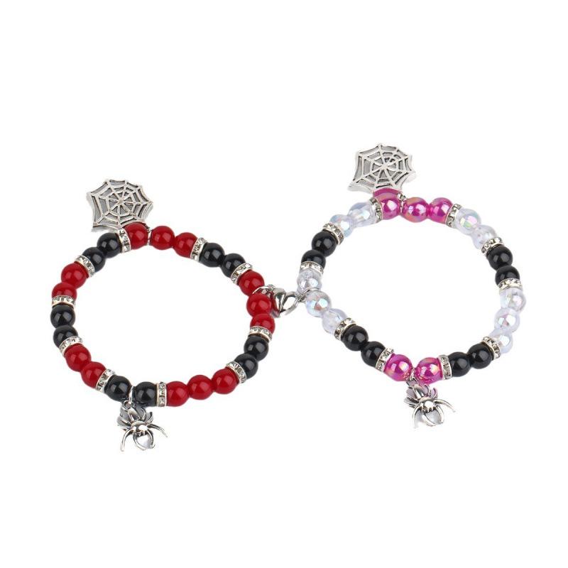 Valentine's Day Heart & Spider Magnetic Bracelet, Elastic Beaded Couple Jewelry
