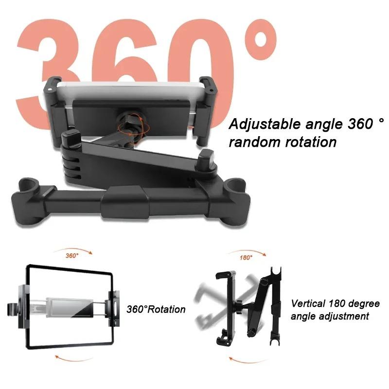 The car headrest tablet phone stand is 360° rotatable and extendable for installation, compatible with all smart devices