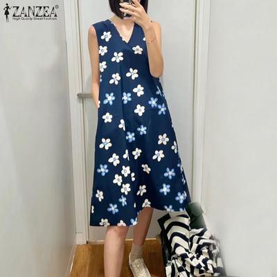 Damen Casual V-Ausschnitt Ärmellos Sommer Print Kleid Urlaub
