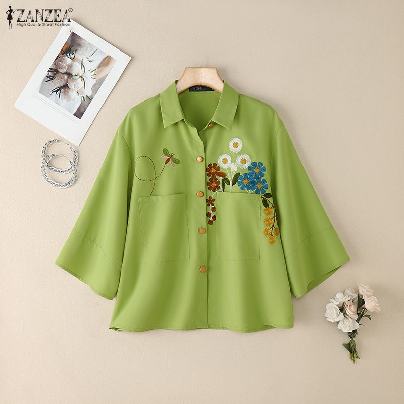 ZANZEA Women Casual Turn Down Collar Loose 3/4 Sleeve Floral Blouse