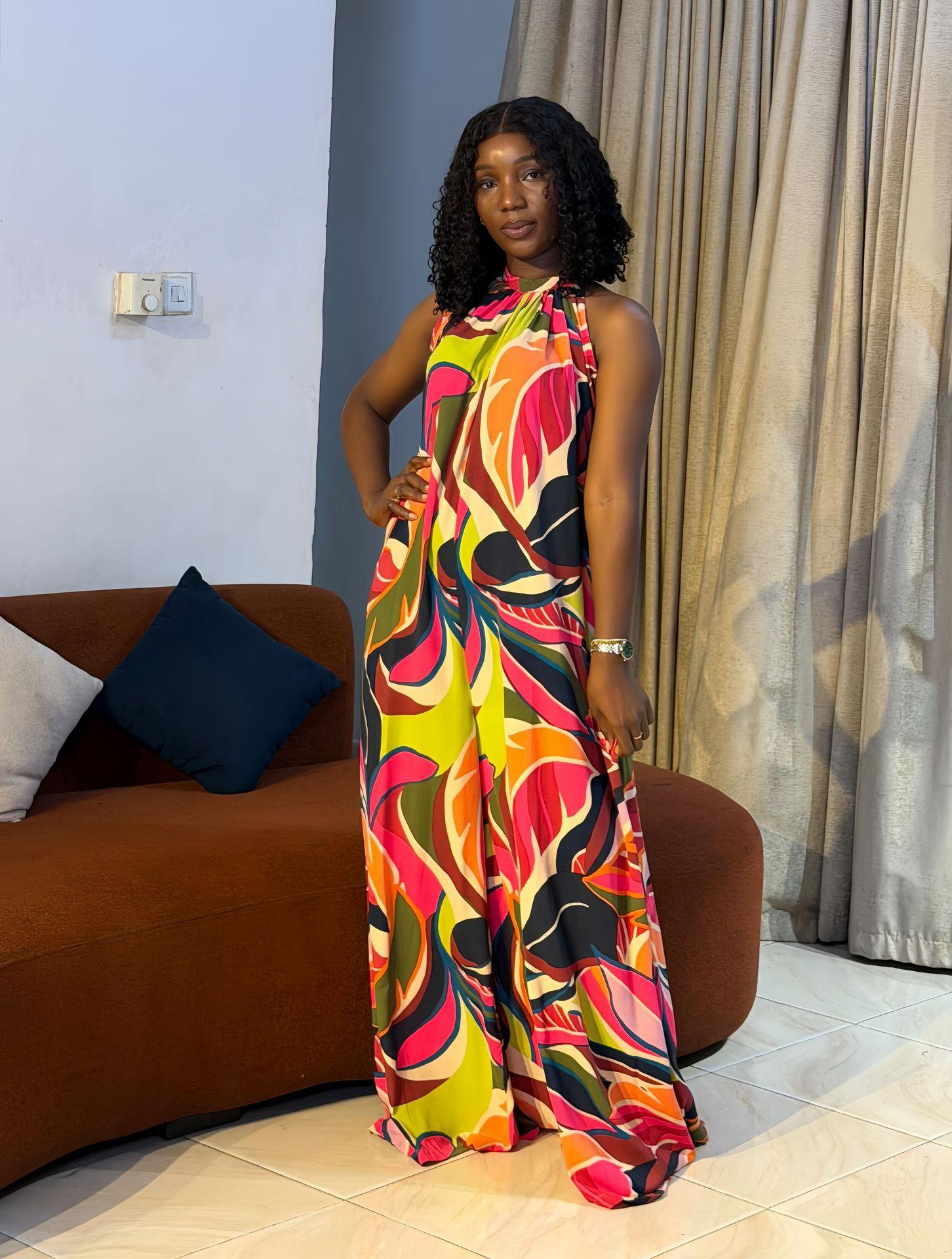 Europe, America, summer and Africa printed neck-hanging wide-leg jumpsuit vacation style temperament elegant and versatile jumpsuit S
