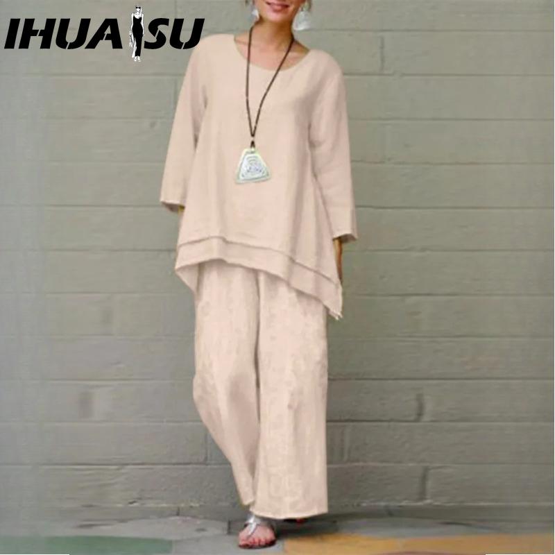 

IHUASU Женский однотонный винтажный брючный костюм из хлопка и льна, повседневный, с длинным рукавом, свободный хлопковый комплект XXXXXL абрикосовый