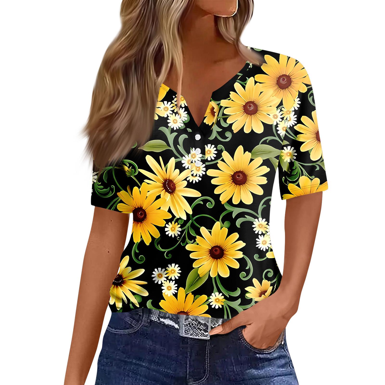 

Женская повседневная футболка с короткими рукавами, V-образным вырезом и декоративными пуговицами XL жёлтый