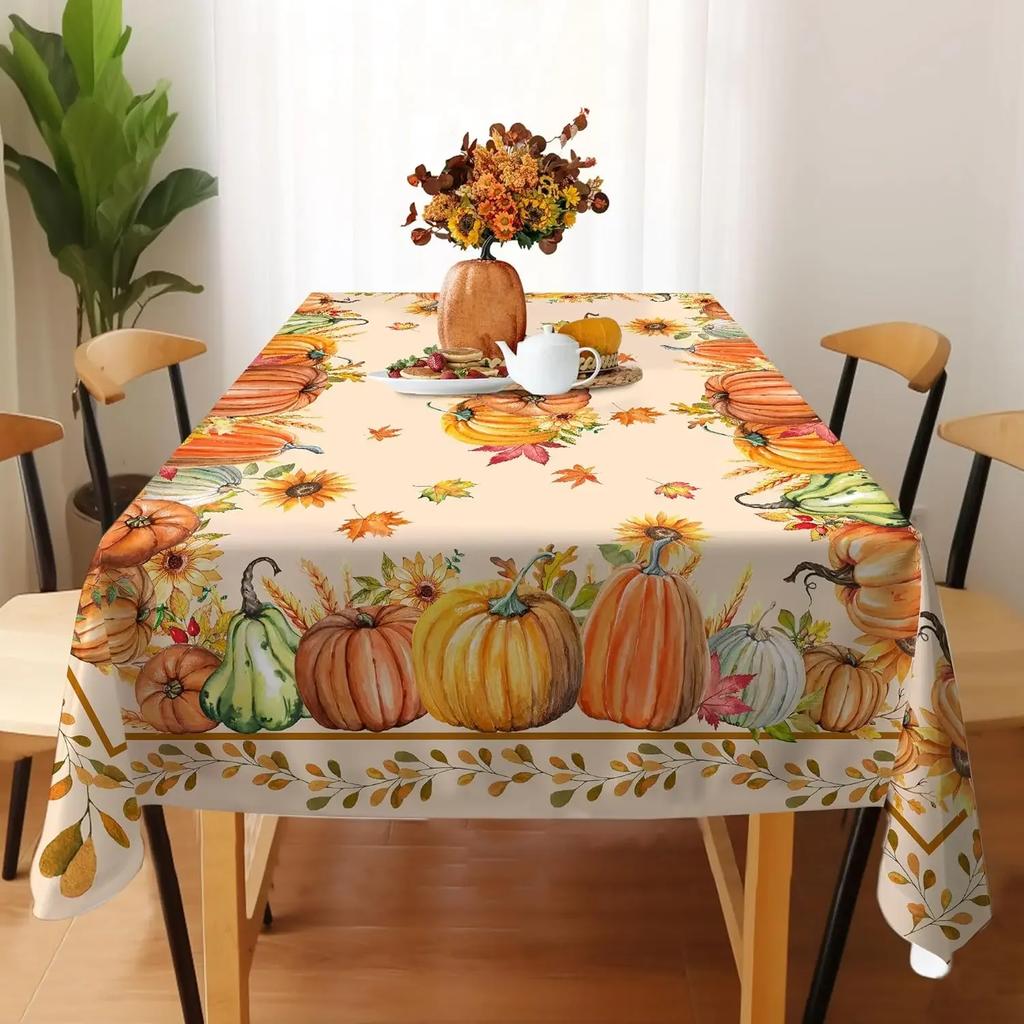 Rectangle Fall Thanksgiving Tablecloths Autumn Watercolour Pumpkin Maple Leaf Table Cover for Home Party Dining Room Table Decor