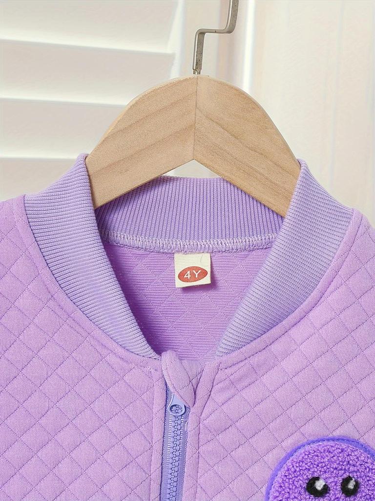 Girls' purple smiley face quilted baseball jacket, diamond stitching zip-up style, iridescent long sleeves with decorative fake pockets