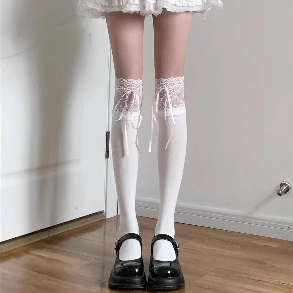 Lolita White Knee Socks Summer Thin Velvet High Thigh Socks Pure Lace Bow Stockings