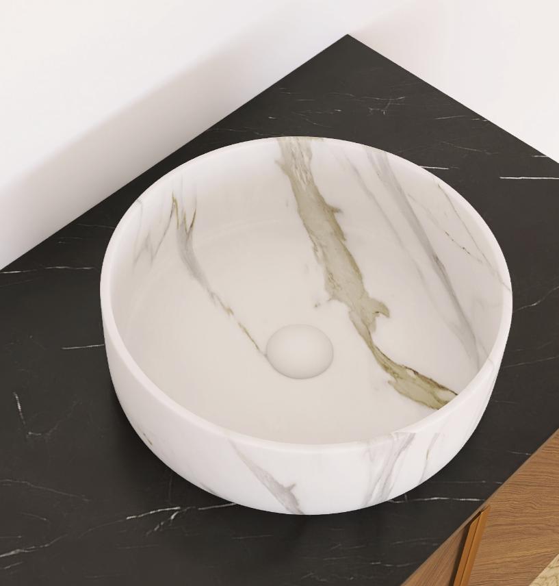 36cm Round Wash Bowl with Stone Grain, Basin Only, WITHOUT Faucet and Drain, WITHOUT Base Cabinet, Matte White