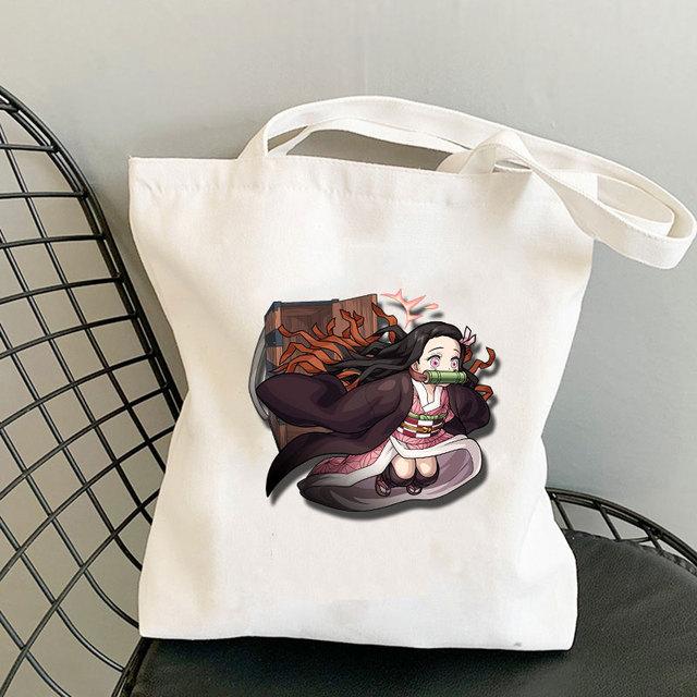 Japanischer Anime Dämon Slayer Bedruckte Stoffhandtasche Tote Travel Eco Shopping Frau Shopper Klappstrand Schulter Canva Designer