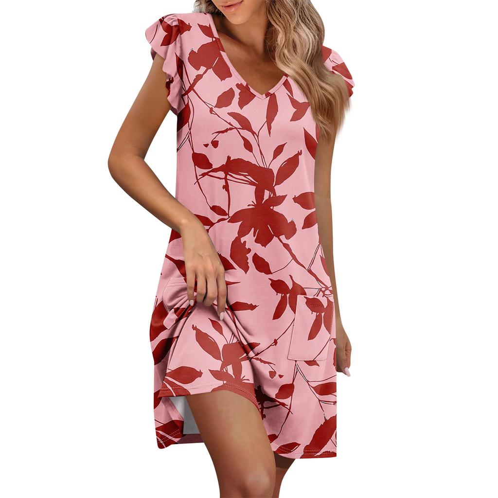Womens Summer Dress Ruffle Sleeve V Neck Short Dresses Fashion Casual Flowy A Line Swing Sundress With Pocket