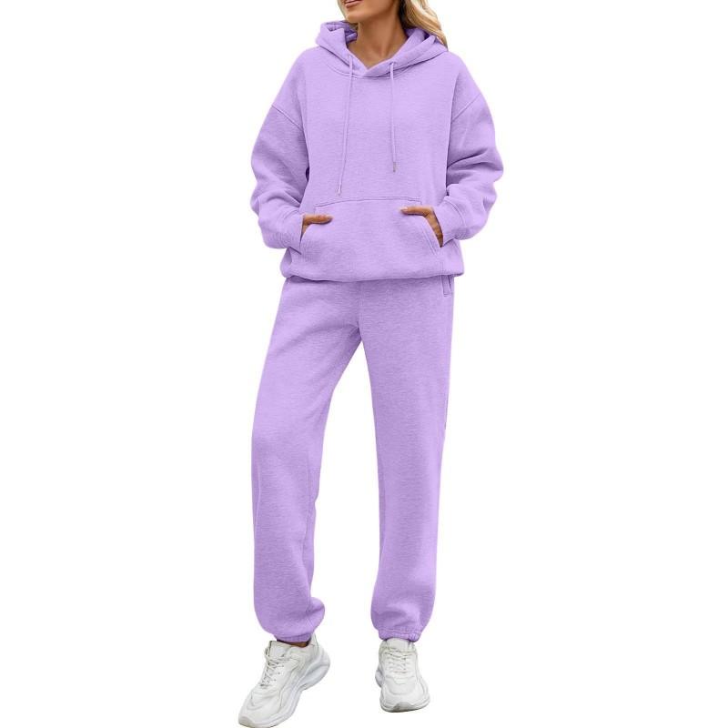 Womens Solid Color Long Sleeve Hooded Fleece Lined Sweatshirt Casual Pants Set Winter