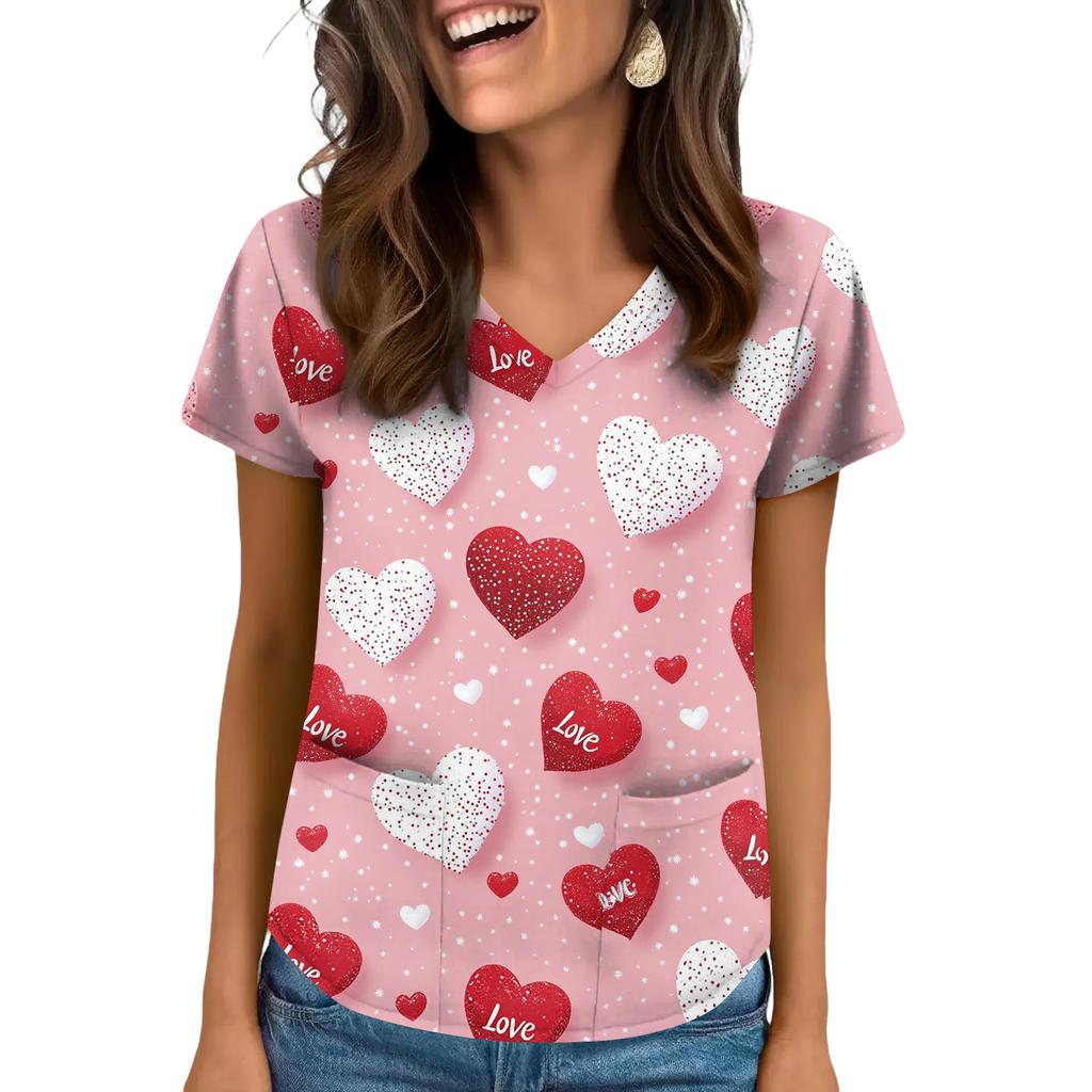 Women's V-neck Valentine's Day Printed Short-sleeved Top With Pockets And Side Slits, Suitable For Caregivers.