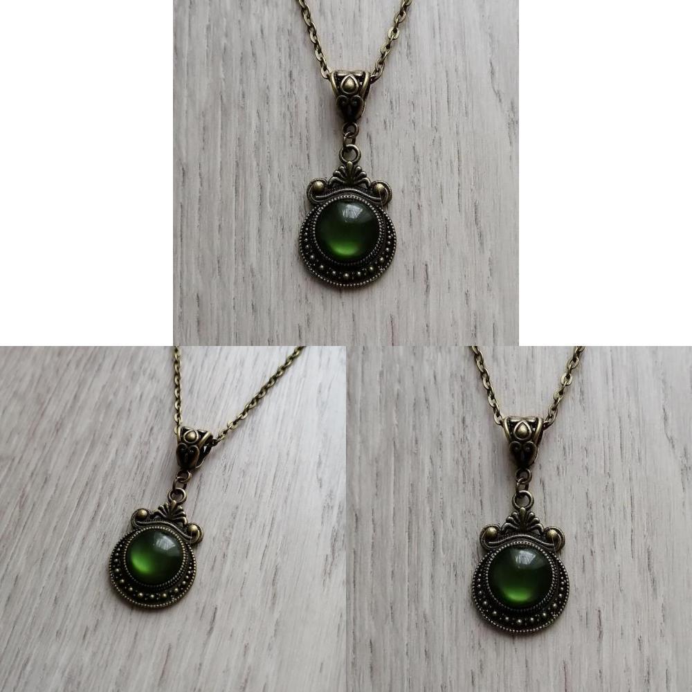 Geometric Gothic Bronze Green Stone Pendant Necklace With Cross Chain For Women