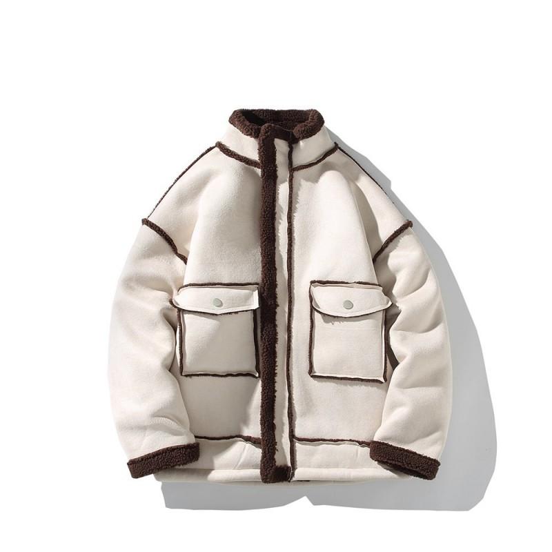 Mens Solid Color Lamb Fleece Puffer Jacket Winter Warm Plus Size Casual Cotton Coat