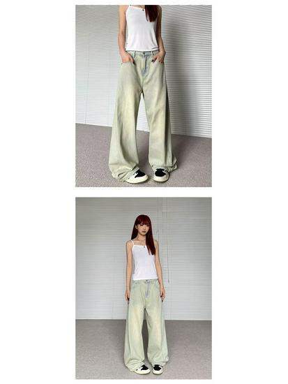 Women's Summer Retro Hong Kong Style Light Wash Wide Leg High Waist Denim Trousers