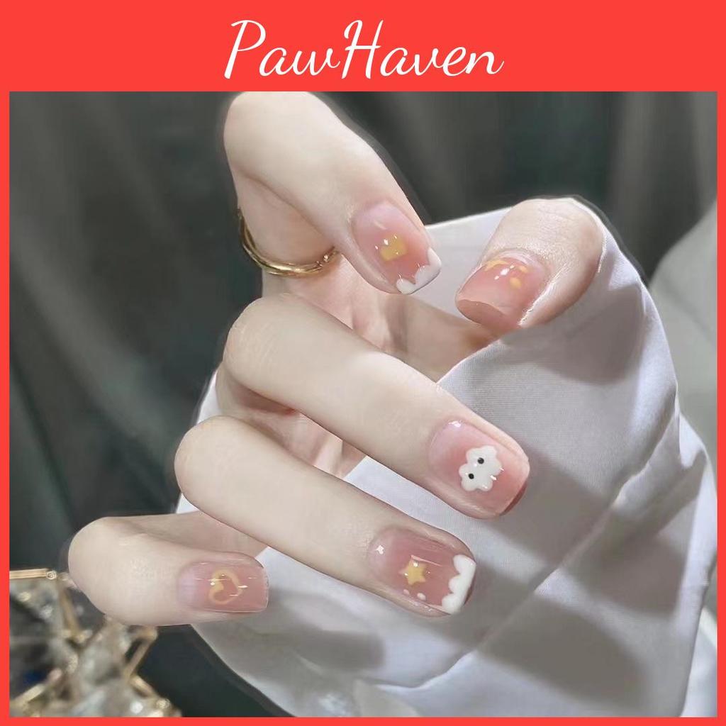 B697 Cotton Clouds Cute And Sweet Style Short Wearable Nails For Everyday Simple And Minimalist Look
