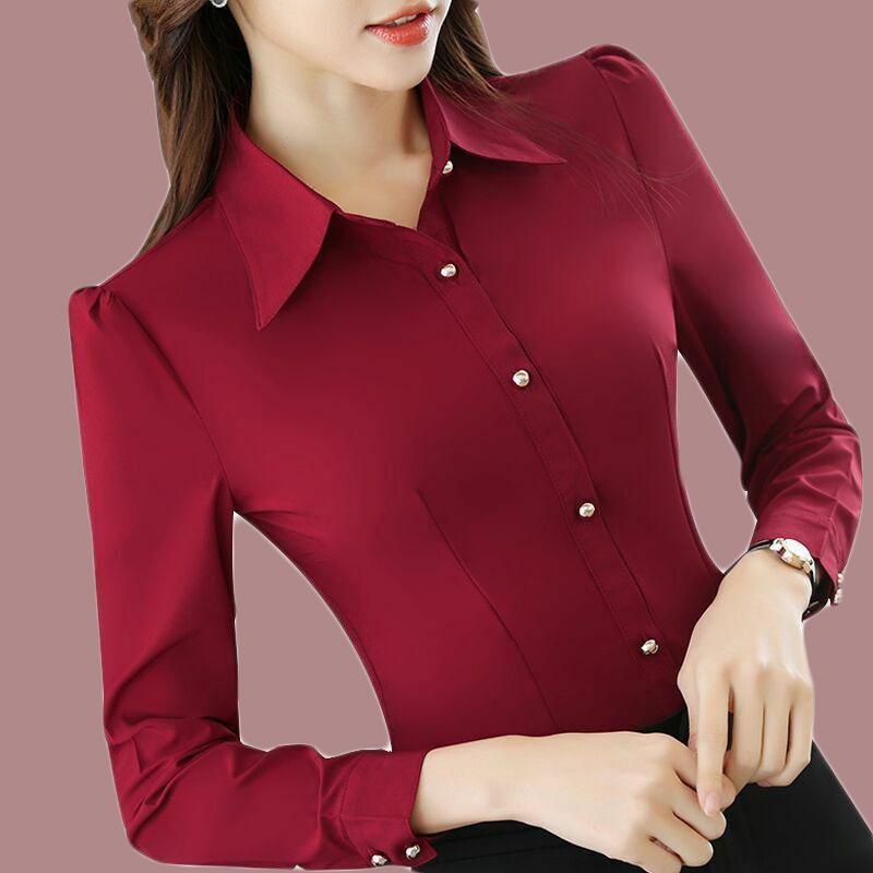 Red Black Shirt Women's Long-sleeved Solid Color Korean Style Business Attire Formal Decoration Tops Bottoming Shirt