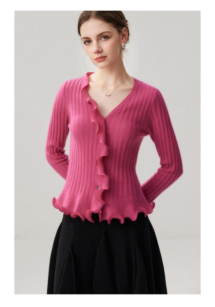 Elegant 3D Wave Edge Cashmere Ruffle Cardigan - Women's Autumn/Winter Flared Sleeve Knitwear