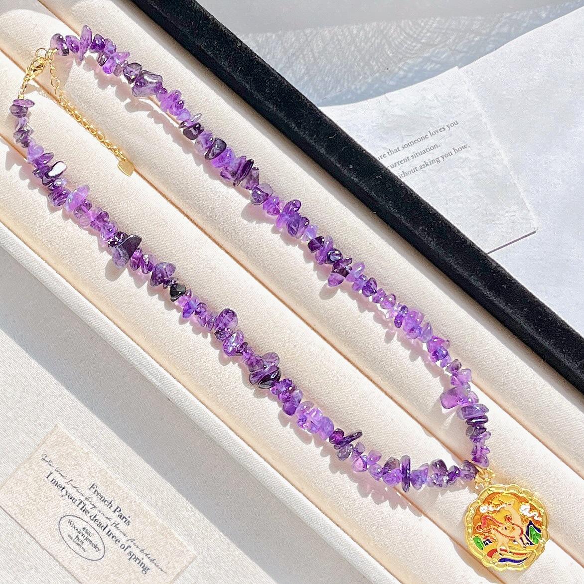 

Natural Ice-Permeable Amethyst Gypsy Design Necklace Collarbone Chain Sweater Chain Pendant