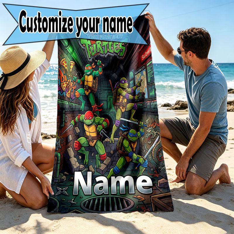 Custom Name Personalized Teenage Ninja Turtles Print Beach Towel, for Trip Camping Beach Party Home Decor, Birthday Gift for Family & Friends