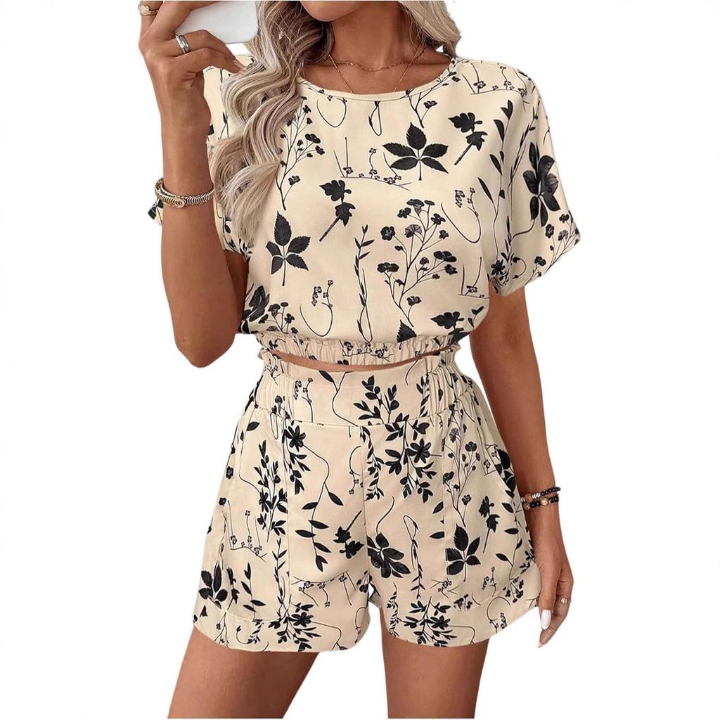2025 European and American Cross-border Amazon Summer New Fashion Printing Set Loose Casual Shirt Shorts Two-piece Set