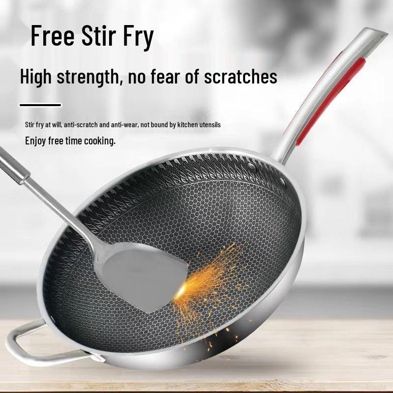 Non-Stick German Stainless Steel Wok Pan with Honeycomb Design for Induction & Gas Cookers