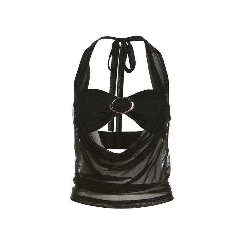 Kkx European and American Sexy Gyaru Style Simple Design Metal Chest Buckle Mesh Perspective Tube Top Vest Two-piece Set