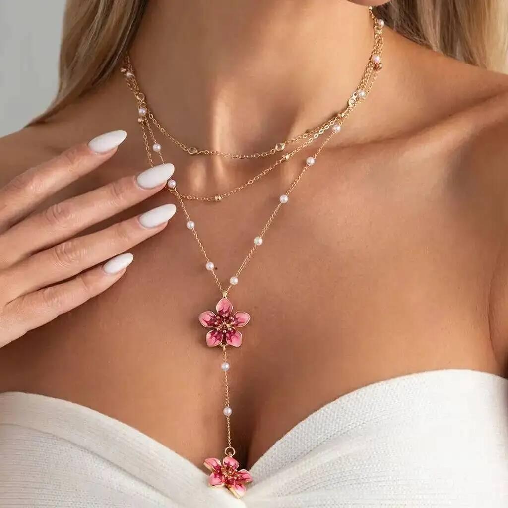 IngeSight.Z Exquisite Romantic Pink Drip Oil Flower Pendant Choker Necklace Women Boho Imitation Pearl Metal Chain Lady Jewelry