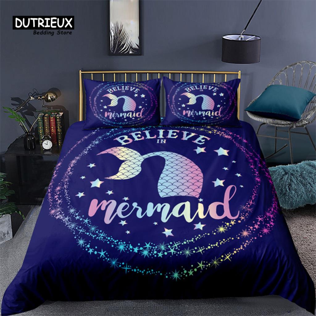 Mermaid Bedding Set Queen Size Print Duvet Cover Comforter Cover With Pillowcases For Girls Boys Teens Gift Home Bedroom Decor