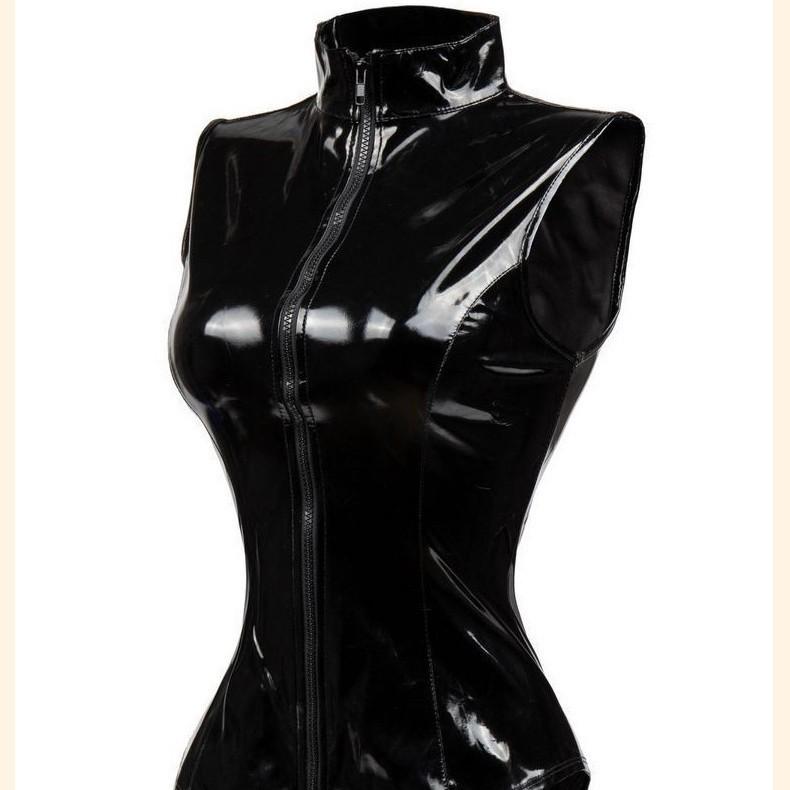 Glossy Black Patent Leather Slim Fit Triangle Jumpsuit