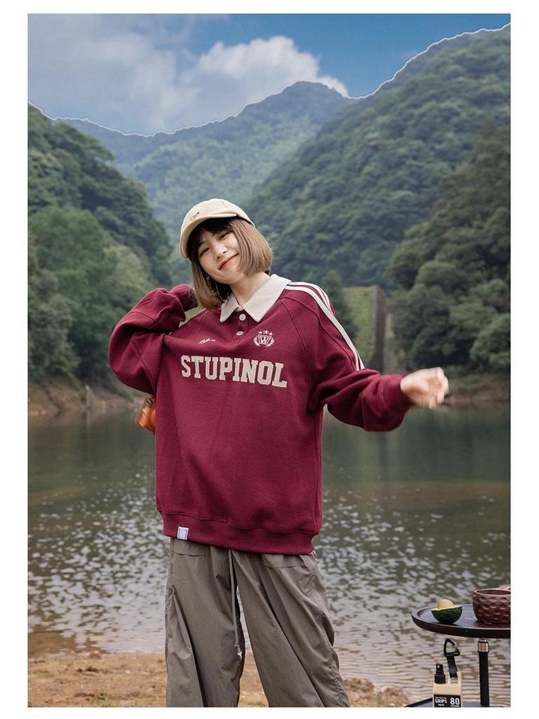 Preppy Retro Embroidered Long-Sleeve Polo Shirt - Trendy Color Block Lapel Sweatshirt for Women and Couples