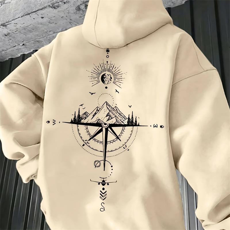 Vintage Compass Print Hoodies for Men High Quality Hooded Long Sleeve Pullover Daily Casual Sports Tops Men's Clothes