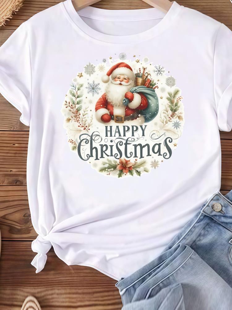 (Asian Size) lovely happy new year Women's Top T Tee merry Christmas festival O-neck Clothing  Print Fashion ladies Graphic T-shirts