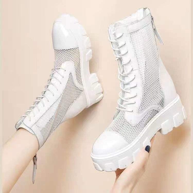 Genuine Leather Mesh Thick Sole Height-Boost Women's Martin Boots 2025 - Breathable Cut-out Design
