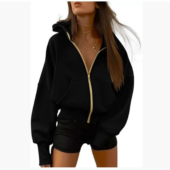 Women's Zipper Hooded Long-sleeved Short Sweatshirt Wool Hooded Jacket Fashion Autumn and Winter Clothes