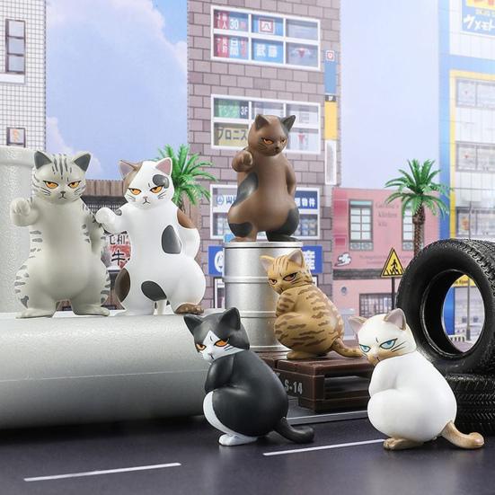 6Pcs Threatening Cat Figurine PVC Cartoon Social Kitten Statue Animal Sculpture Home Office Desktop Bookshelf Decoration Ornament