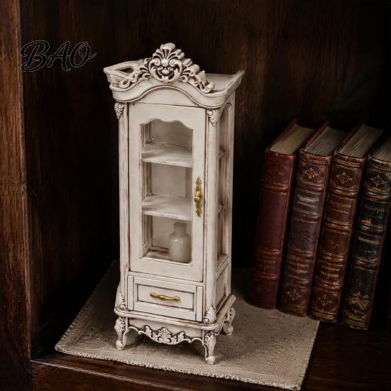 Detailed Miniature Furniture Curio Cabinet, 1/12 Scale Mini Wine Wooden Tiny Display Cabinet with Drawer, Vintage for Doll Mansion Living Room Decor,