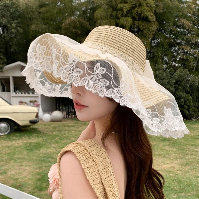 Fashion Bow Lace Straw Hat Women's Sweet and Cute Big Brim Mesh Shade Sunscreen Straw Shade Hat