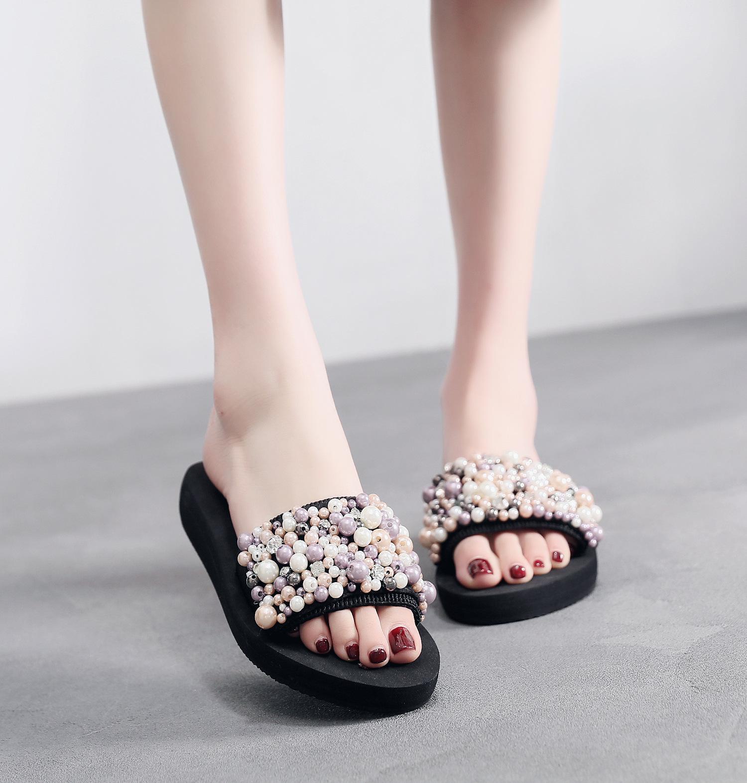 

Босоножки на танкетке в стиле бохо: Женские летние тапочки на толстой подошве для отдыха на море в Таиланде. Size 38, Heel height 3CM чёрный